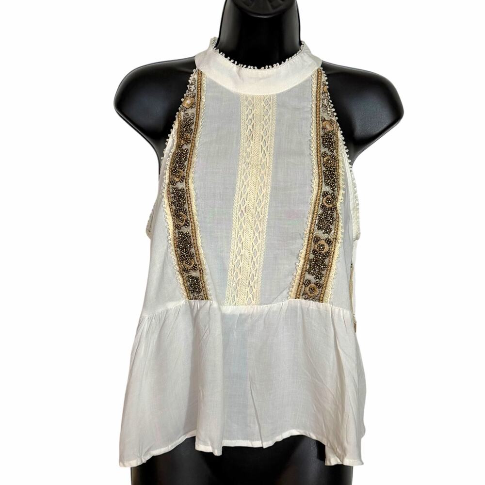 Blush Noir Cream Embroidered Halter Top S Beaded Lace Boho Festival Cami Blouse